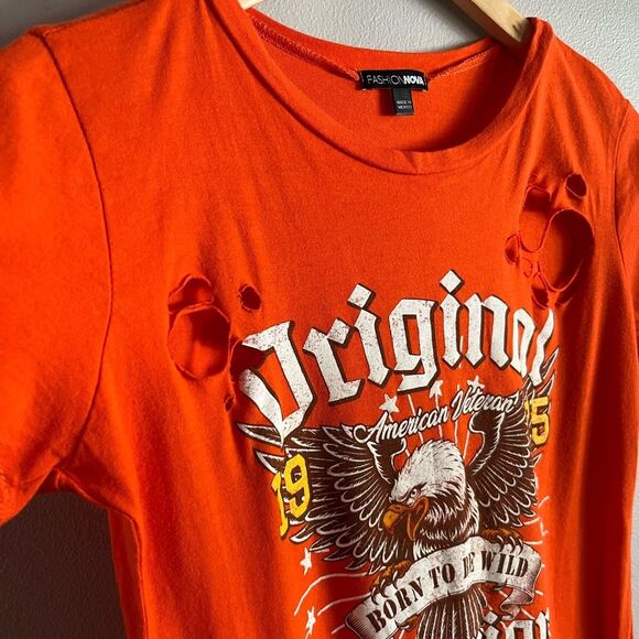 Fashion Nova Distressed Eagle Graphic Tee Orange Born To Be Wild Shirt S-M - Picture 3 of 6